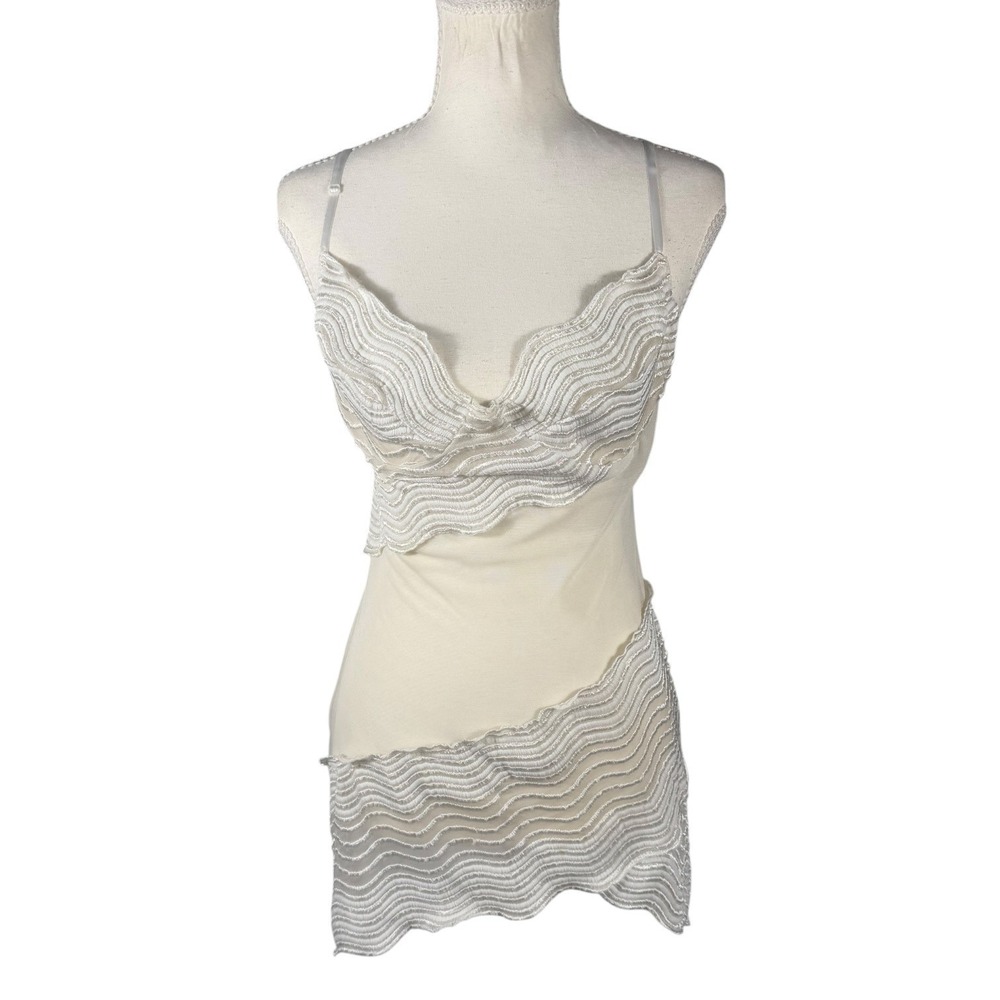 Vintage Y2K‎ Sheer Mesh Slip Dress Womens Small Ivory Wave Trim Lingerie